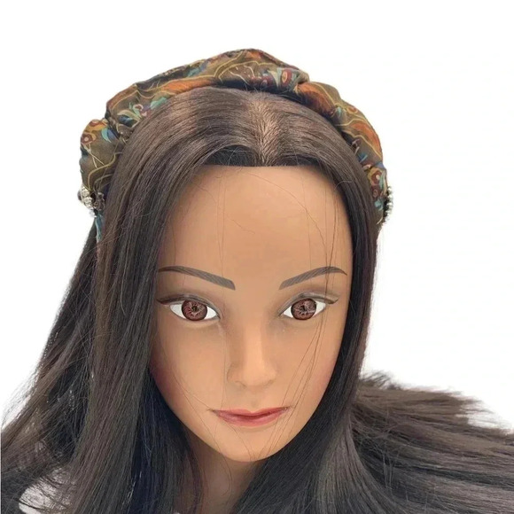 Handcrafted Paisley Silk Headband Upcycled Scrunchy Crown Silver-Tone Medallion - Picture 2 of 8